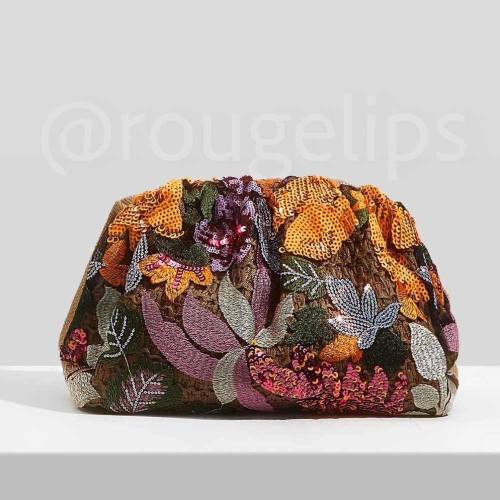 Sequined Floral Pattern Pouch Clutch Bag Multicolor - Picture 4 of 11